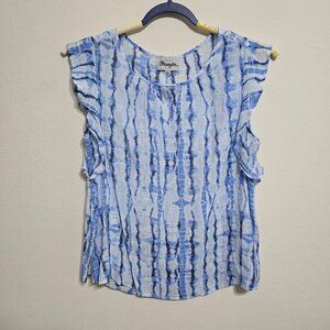 Wrangler Sleeveless Blouse Ruffle at Shoulder Keyhole Neckline Tie Dye XL Blue